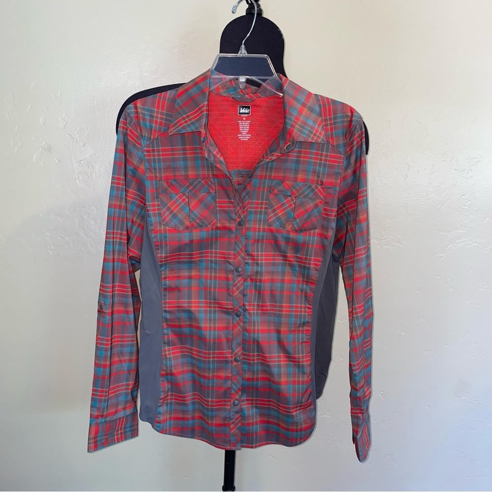 REI Rendezvous Hiking Shirt in Porpoise Plaid Long Sleeve Top Size Medium